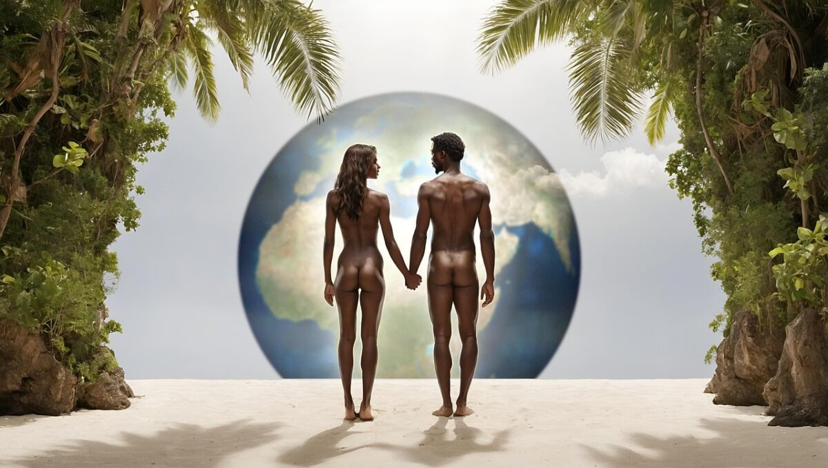 ai generated, paradise, couple, adam, eve, genesis, beach, heaven, faith, christianity, spirituality, religious, woman, church, religion, bible, hope, nature, earth, world, globe, travel, planet