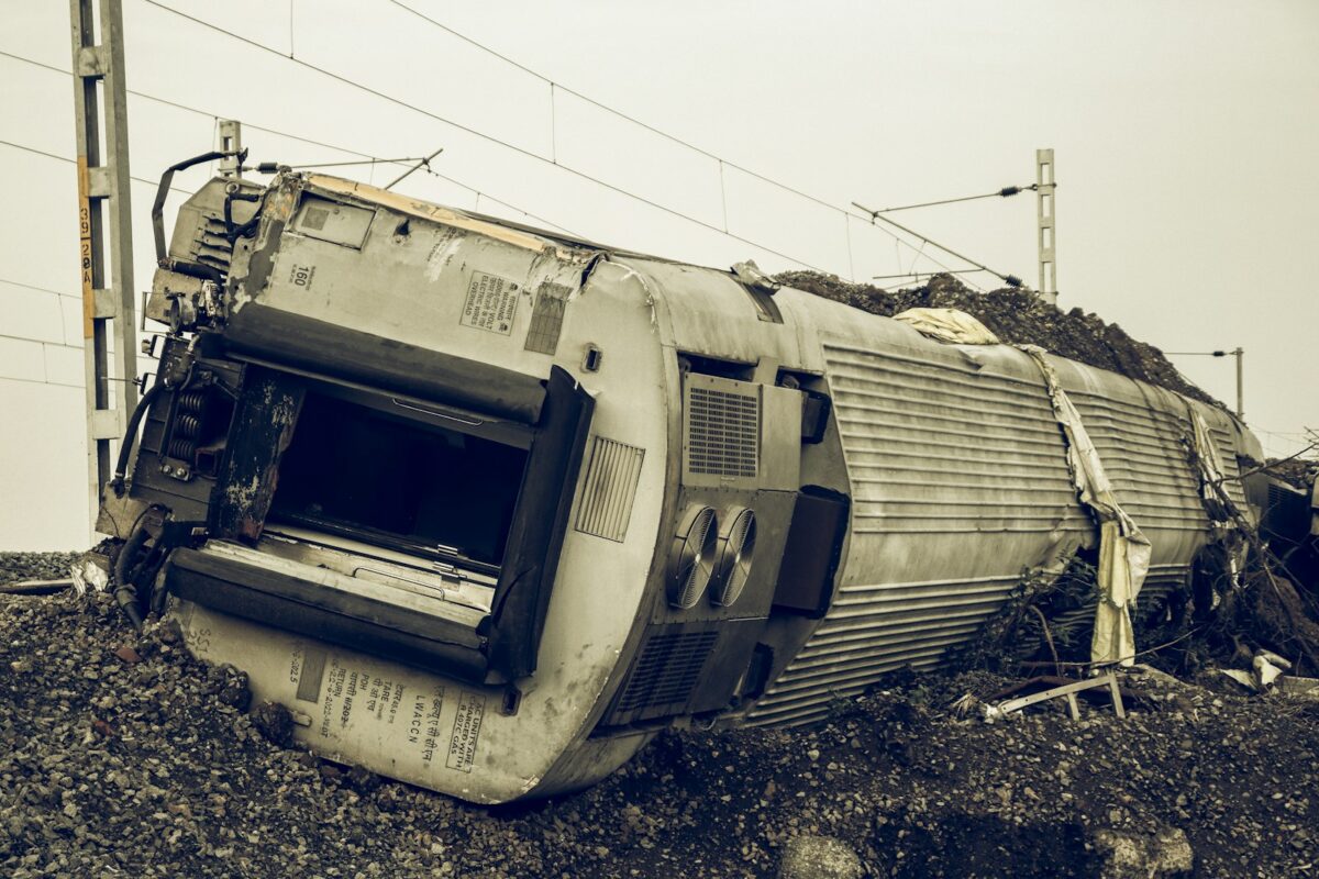 A derailed train lies on its side