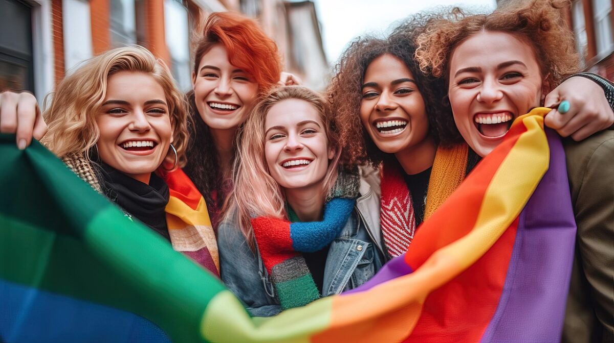 ai generated, girls, women, diversity, nature, flag, march, protester, parade, pride, rainbow