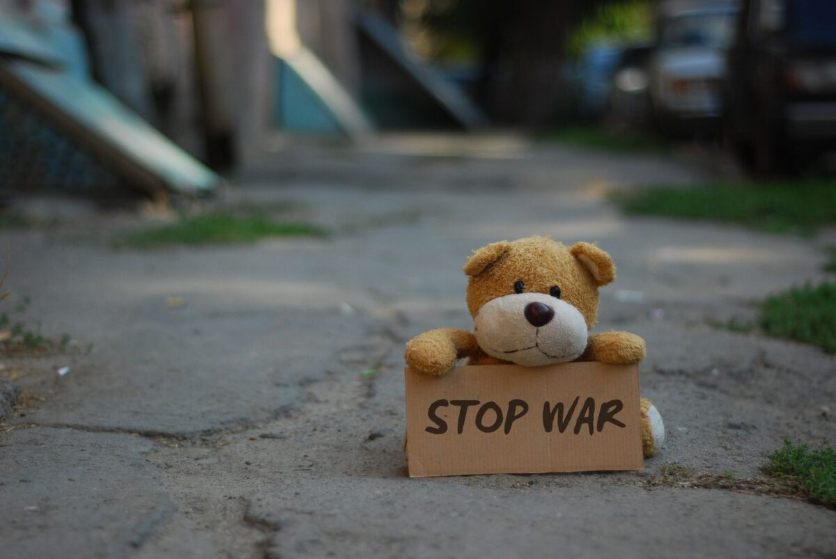 A teddy bear holding a 'Stop War' sign in an urban setting, conveying an anti-war message.