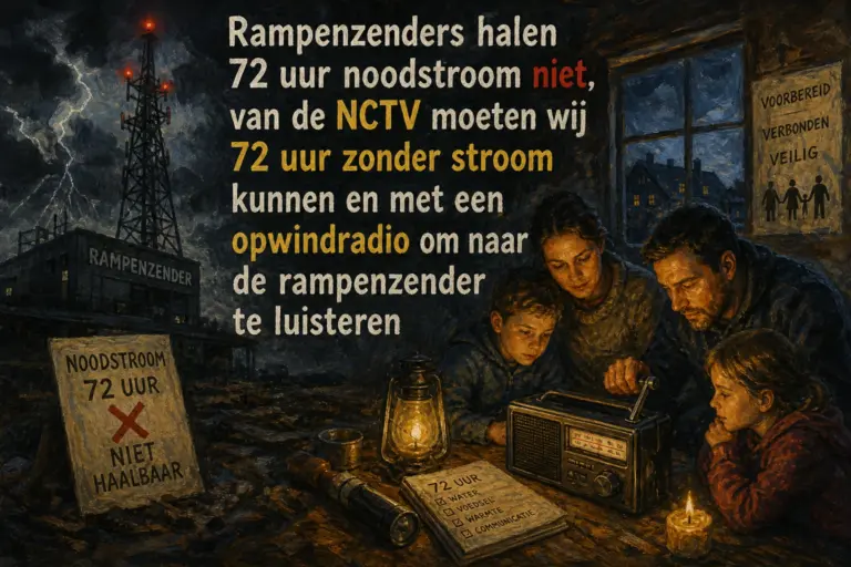 Rampenzenders halen 72 uur noodstroom niet, van de NCTV moeten wij 72 uur zonder stroom kunnen en met een opwindradio om naar de rampenzender te luisteren