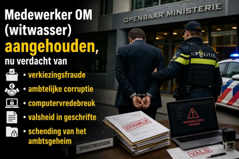 Medewerker OM (witwasser) aangehouden, nu verdacht van verkiezingsfraude, ambtelijke corruptie, computervredebreuk, valsheid in geschrifte en schending van het ambtsgeheim