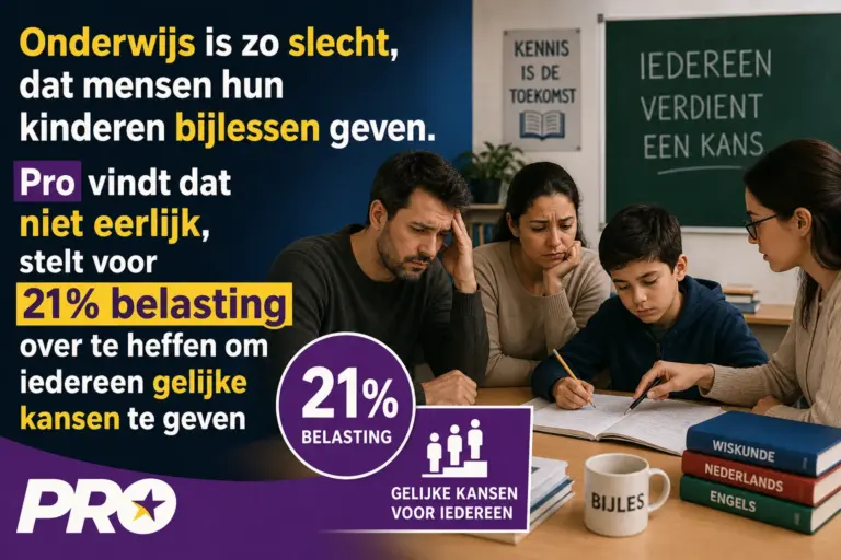 Onderwijs is zo slecht, dat mensen hun kinderen bijlessen geven. Pro vindt dat niet eerlijk, stelt voor 21% belasting over te heffen om iedereen gelijke kansen te geven